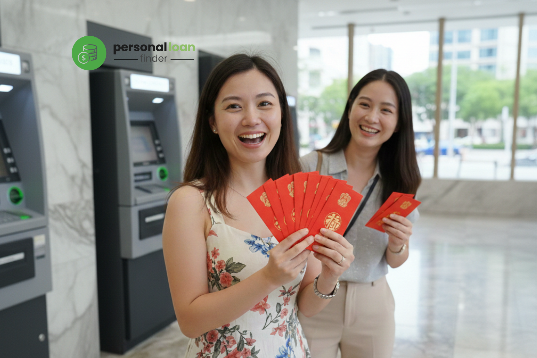 Two Singaporen ladies holding red packets in delight while standing in front of ATMs during Li Chun