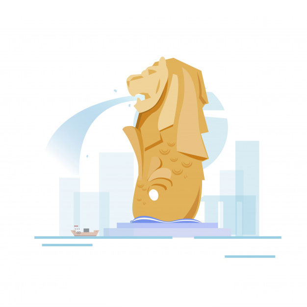 Graphic of Merlion in front of the Singapore skyline as a boat sails by