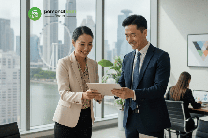 Asian man shaking hands with a lady in an office