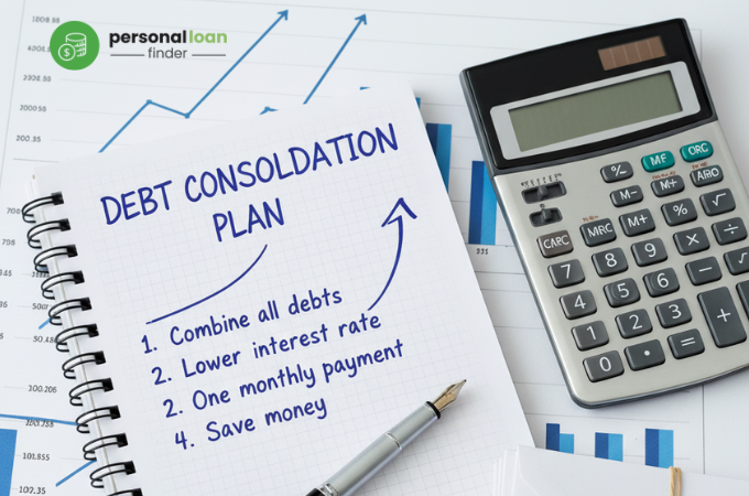 debt consolidation stationery and calculator on financial chart