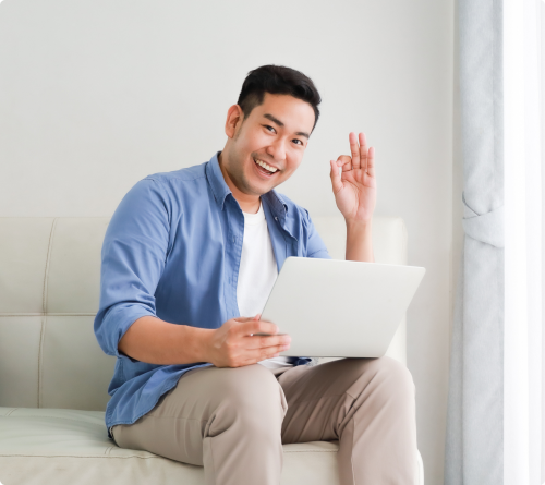 male asian happy checking PLF